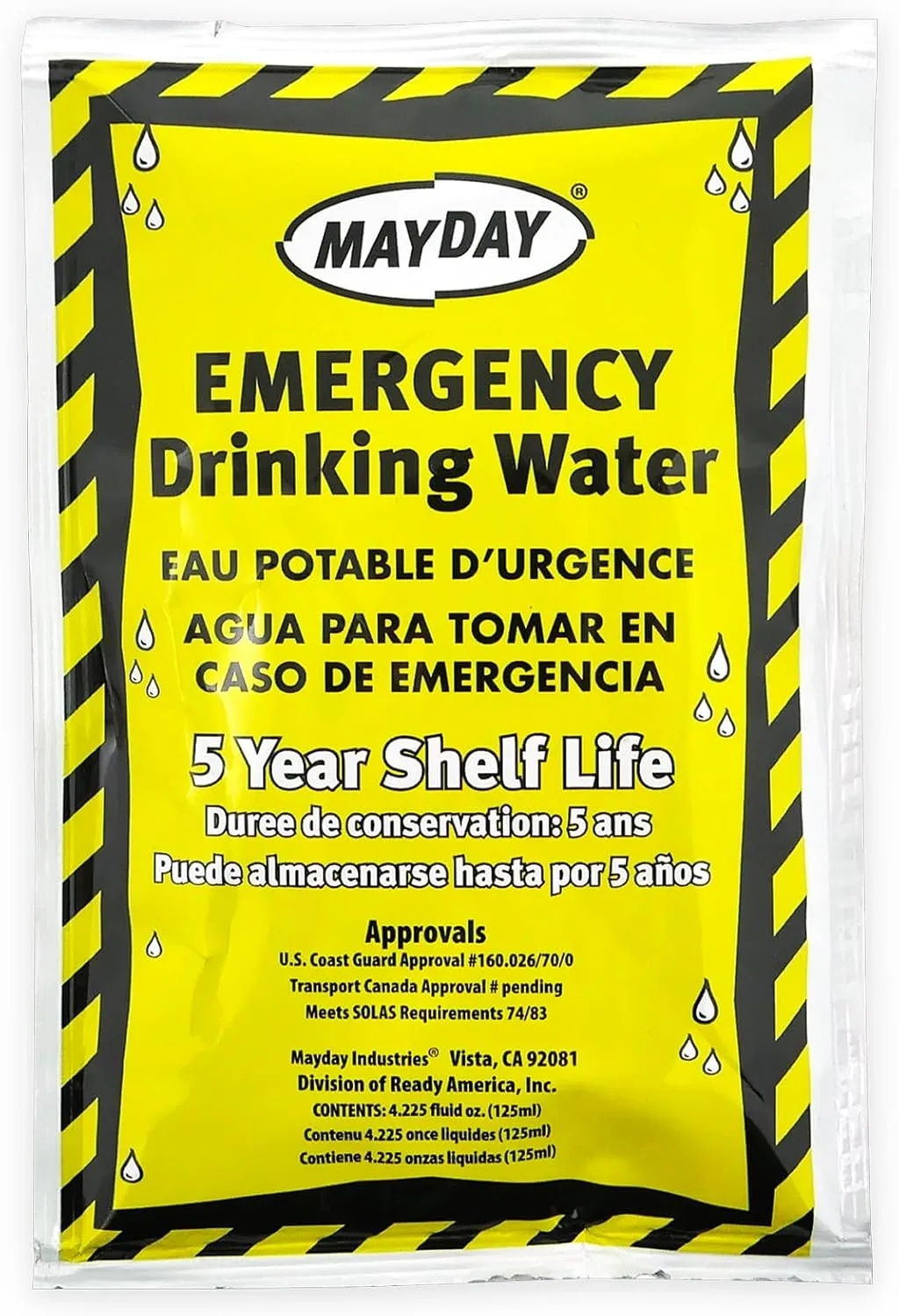 Mayday Pouch Water, Coast Guard Emergency Water, 5-Year Shelf LIfe, Disaster Preparedness Supplies for, Earthquake, Fire, Flood, Leak-Proof Pouches, 4.225 Oz/125Ml 50 Pack