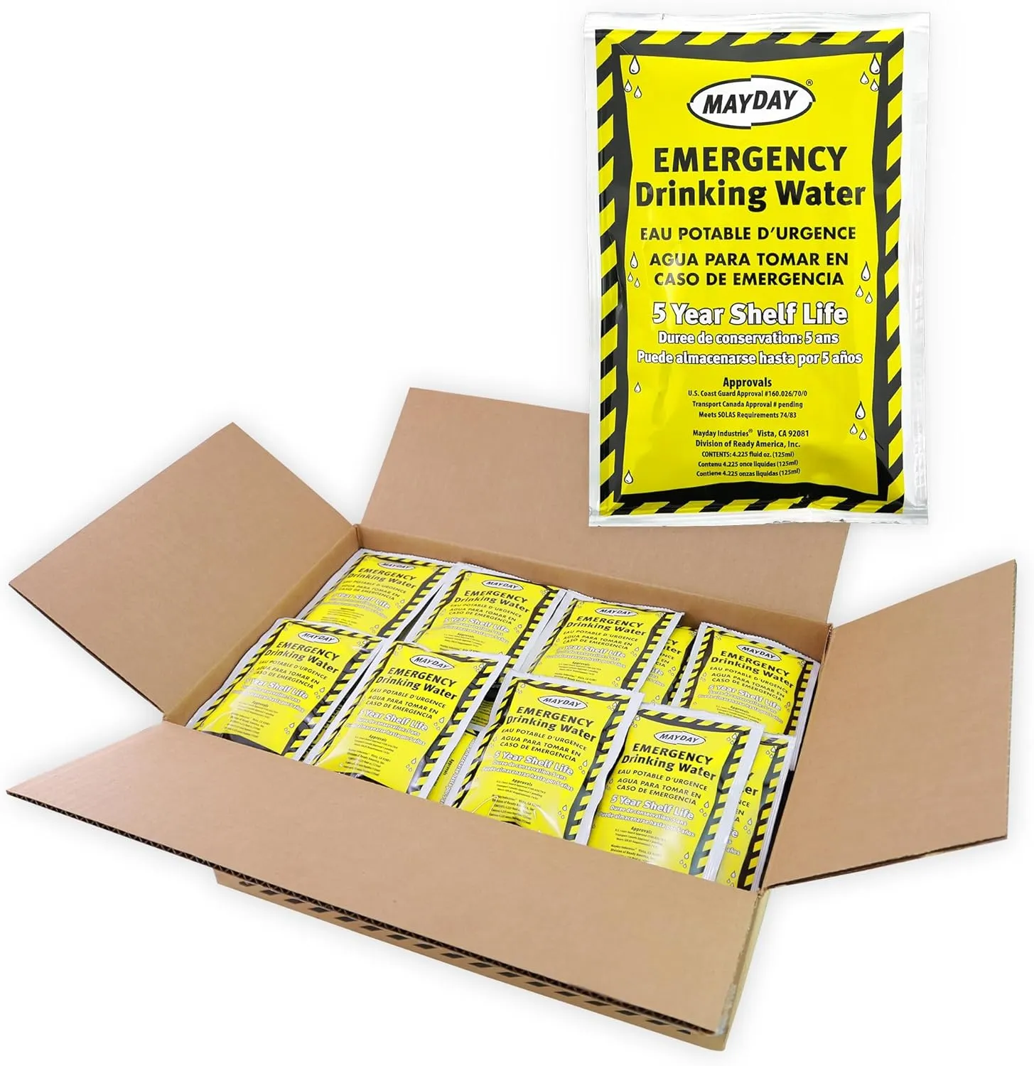 Mayday Pouch Water, Coast Guard Emergency Water, 5-Year Shelf LIfe, Disaster Preparedness Supplies for, Earthquake, Fire, Flood, Leak-Proof Pouches, 4.225 Oz/125Ml 50 Pack