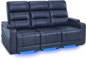 MCombo 77.6" 3 Seats Power Reclining Sofa for Living Room with Adjustable Headrest, Home Theater Seating with USB & Type C Port, LED Light & Armrest Storage HTS564 (Blue)
