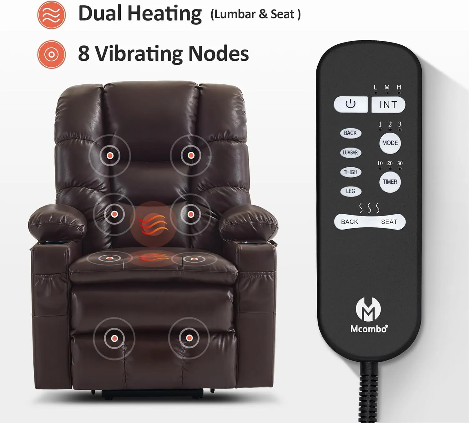 MCombo Large Triple Motor Power Lift Recliner Chair with Massage and Dual Heating, Adjustable Headrest for Tall Elderly People, Faux Leather 7634 (Dark Brown, Large)