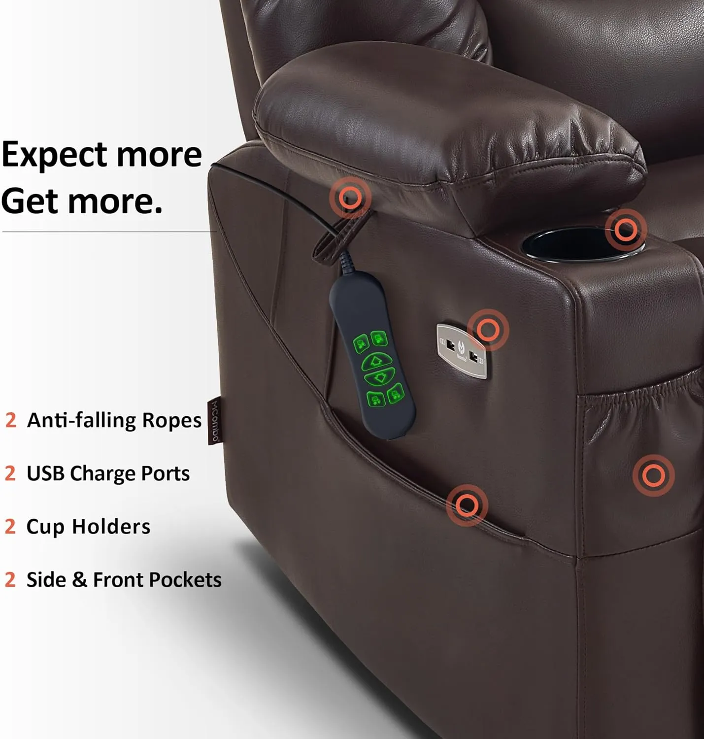 MCombo Large Triple Motor Power Lift Recliner Chair with Massage and Dual Heating, Adjustable Headrest for Tall Elderly People, Faux Leather 7634 (Dark Brown, Large)