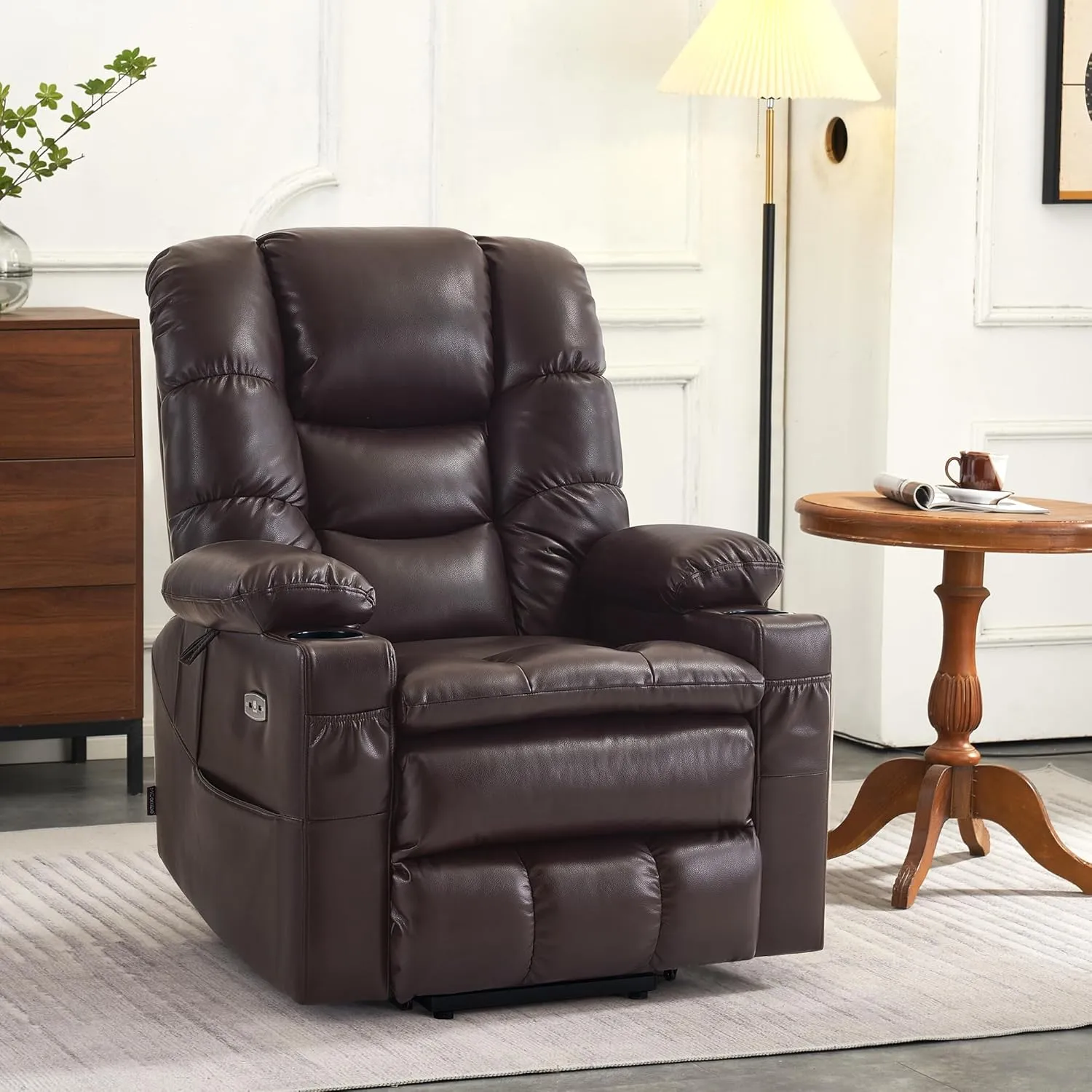 MCombo Large Triple Motor Power Lift Recliner Chair with Massage and Dual Heating, Adjustable Headrest for Tall Elderly People, Faux Leather 7634 (Dark Brown, Large)