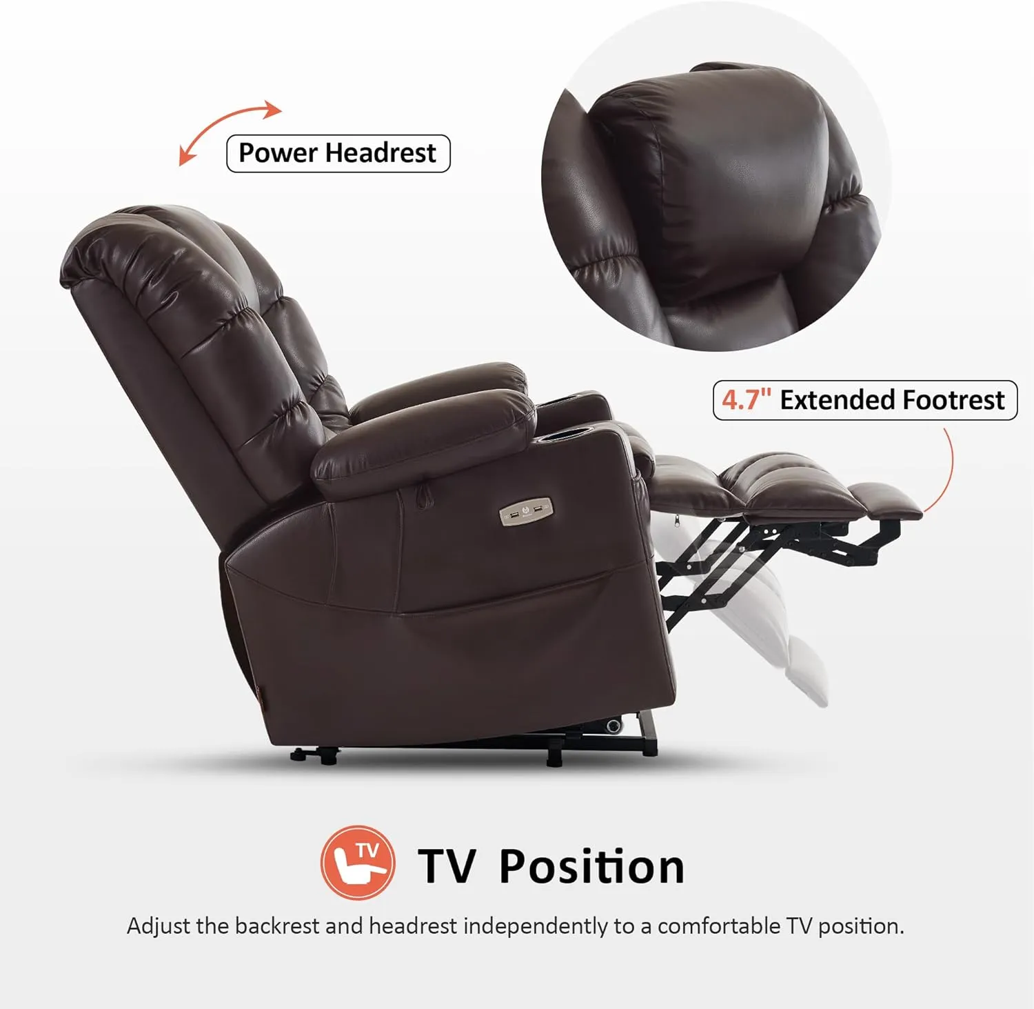 MCombo Large Triple Motor Power Lift Recliner Chair with Massage and Dual Heating, Adjustable Headrest for Tall Elderly People, Faux Leather 7634 (Dark Brown, Large)