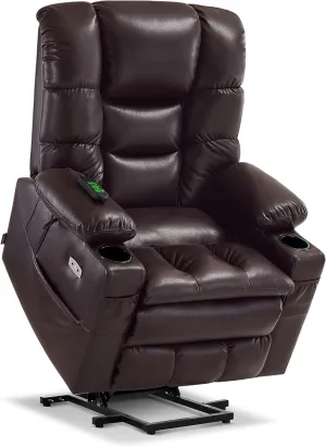 MCombo Large Triple Motor Power Lift Recliner Chair with Massage and Dual Heating, Adjustable Headrest for Tall Elderly People, Faux Leather 7634 (Dark Brown, Large)