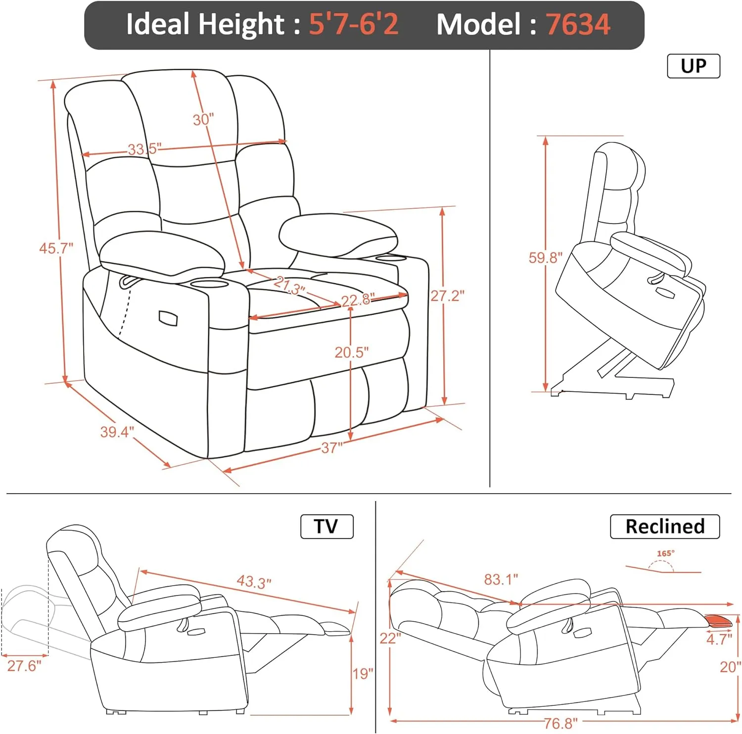 MCombo Large Triple Motor Power Lift Recliner Chair with Massage and Dual Heating, Adjustable Headrest for Tall Elderly People, Faux Leather 7634 (Dark Brown, Large)