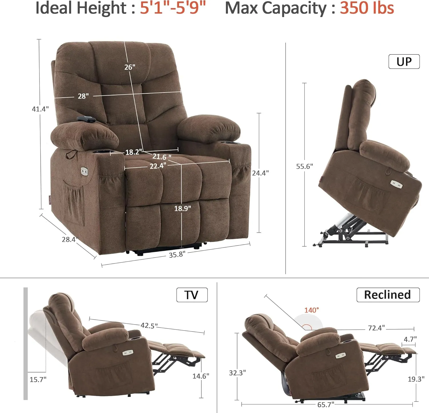 MCombo Power Lift Recliner Chair with Extended Footrest for Elderly People, Fabric 7287 (Brown, Medium-Regular)