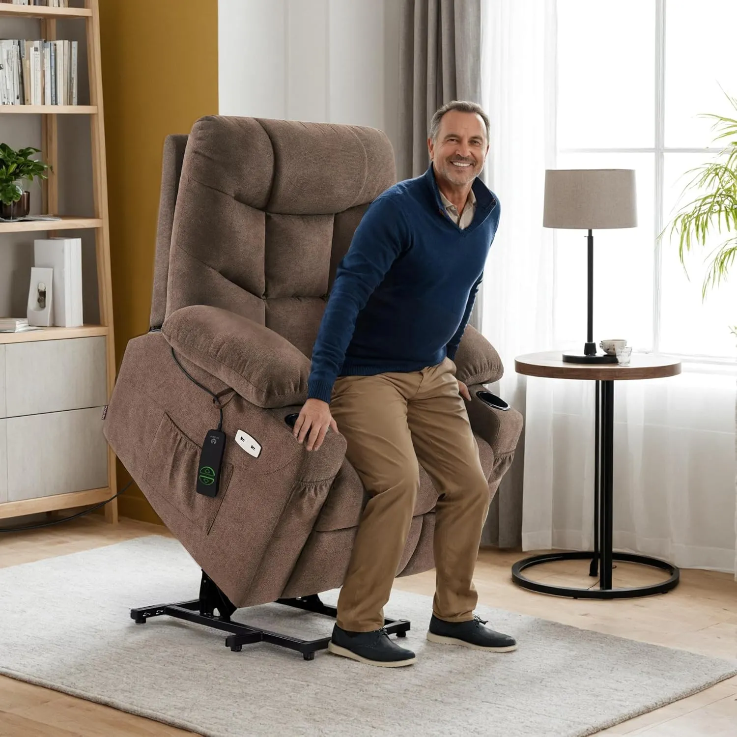 MCombo Power Lift Recliner Chair with Extended Footrest for Elderly People, Fabric 7287 (Brown, Medium-Regular)