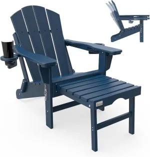 Mdeam 3-Level Adjustable Adirondack Chair with Retractable Ottoman, HDPE All-Weather Folding Fire Pit Chair with 2 Cup Holders, Outdoor Chair for Deck Patio Garden Backyard Lawn (Navy Blue)