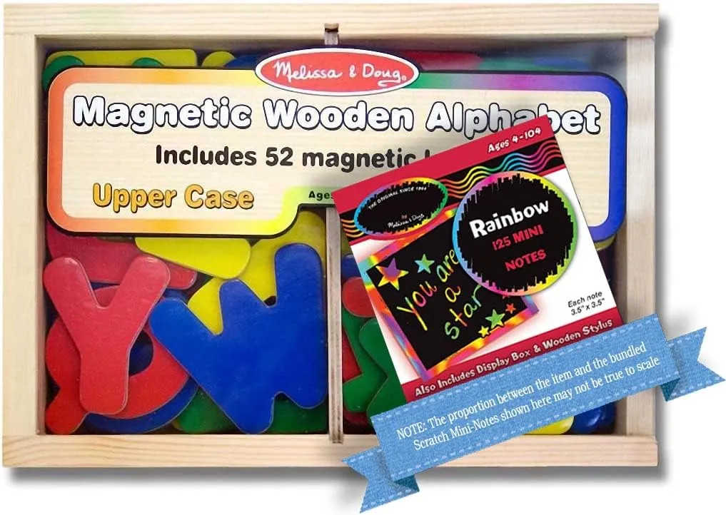 Melissa & Doug Alphabet Wooden 52 Magnets-in-a-Box Gift Set Bundle with 1 Theme Compatible M&D Scratch Fun Mini-Pad (00448)