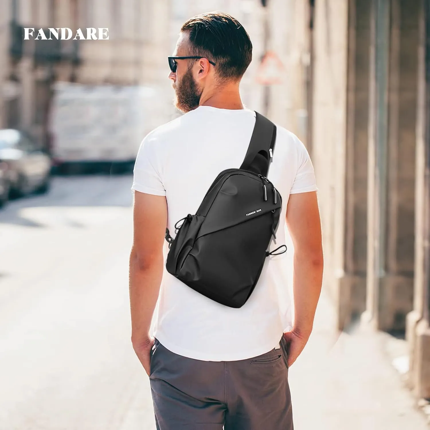 Men Crossbody Sling Bag Shoulder Chest Messenger Pack with Earphone Hole Carry Pouch Body Wallet for Hiking Running Cycling Outdoor Travel Daypacks Waterproof Polyester Black