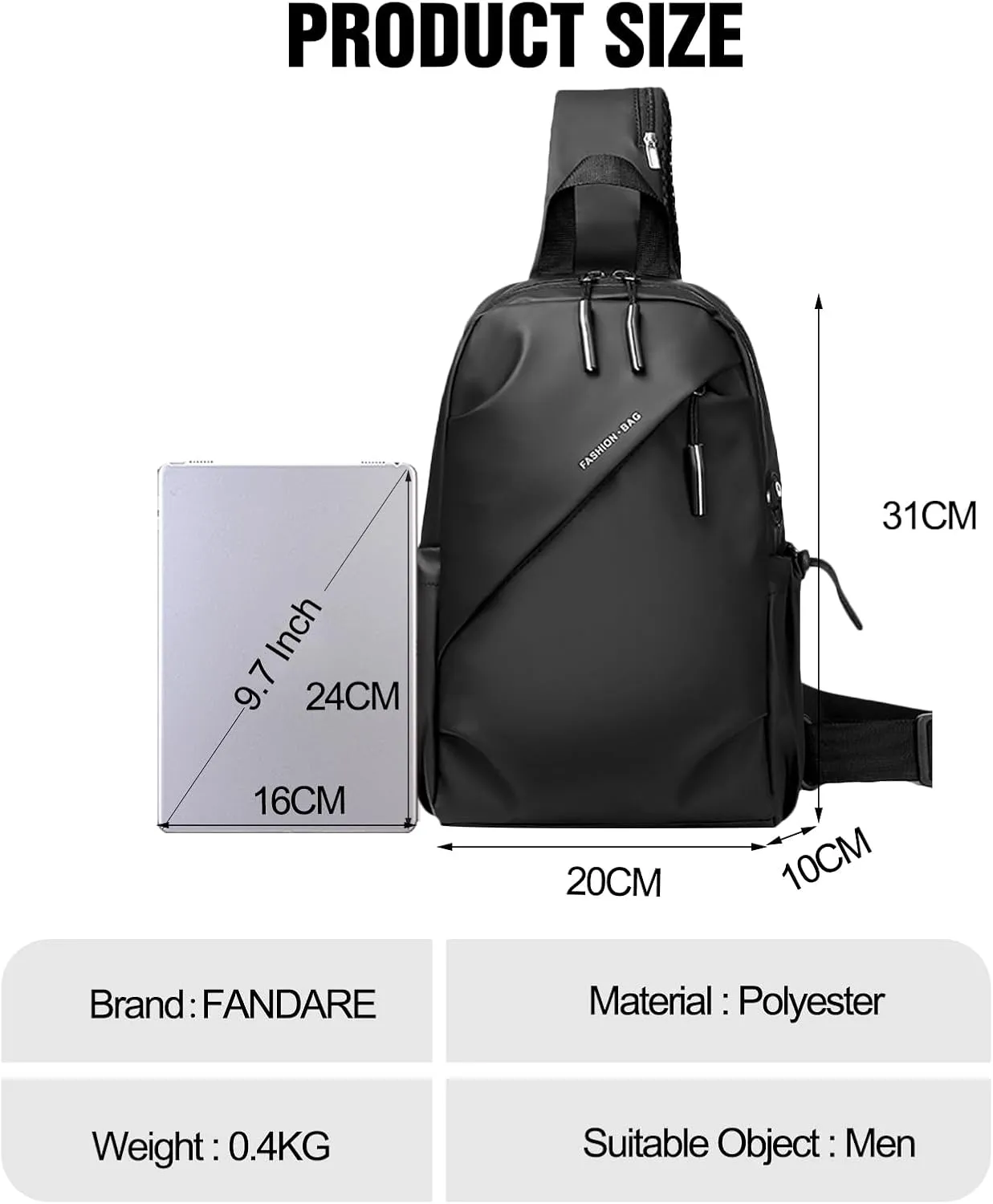 Men Crossbody Sling Bag Shoulder Chest Messenger Pack with Earphone Hole Carry Pouch Body Wallet for Hiking Running Cycling Outdoor Travel Daypacks Waterproof Polyester Black