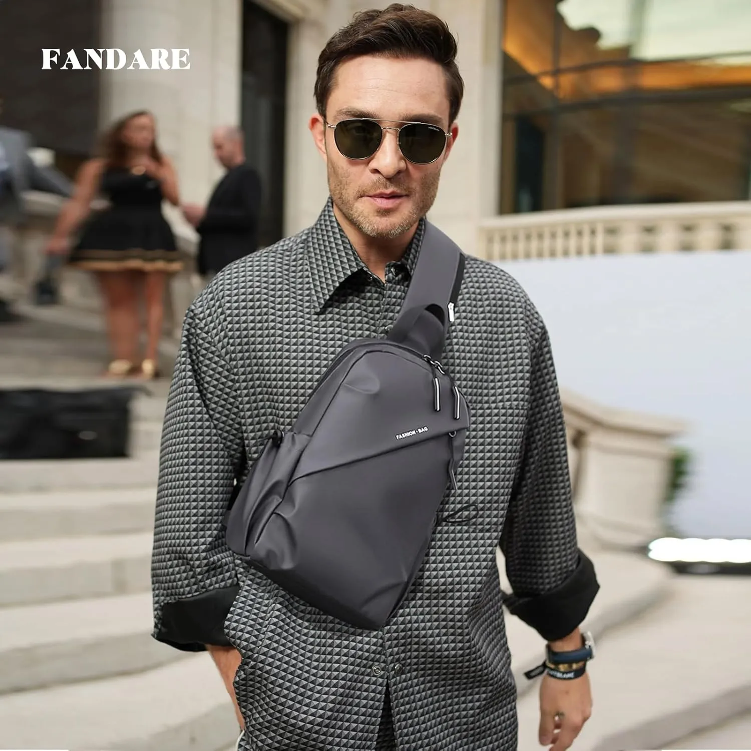 Men Crossbody Sling Bag Shoulder Chest Messenger Pack with Earphone Hole Carry Pouch Body Wallet for Hiking Running Cycling Outdoor Travel Daypacks Waterproof Polyester Grey