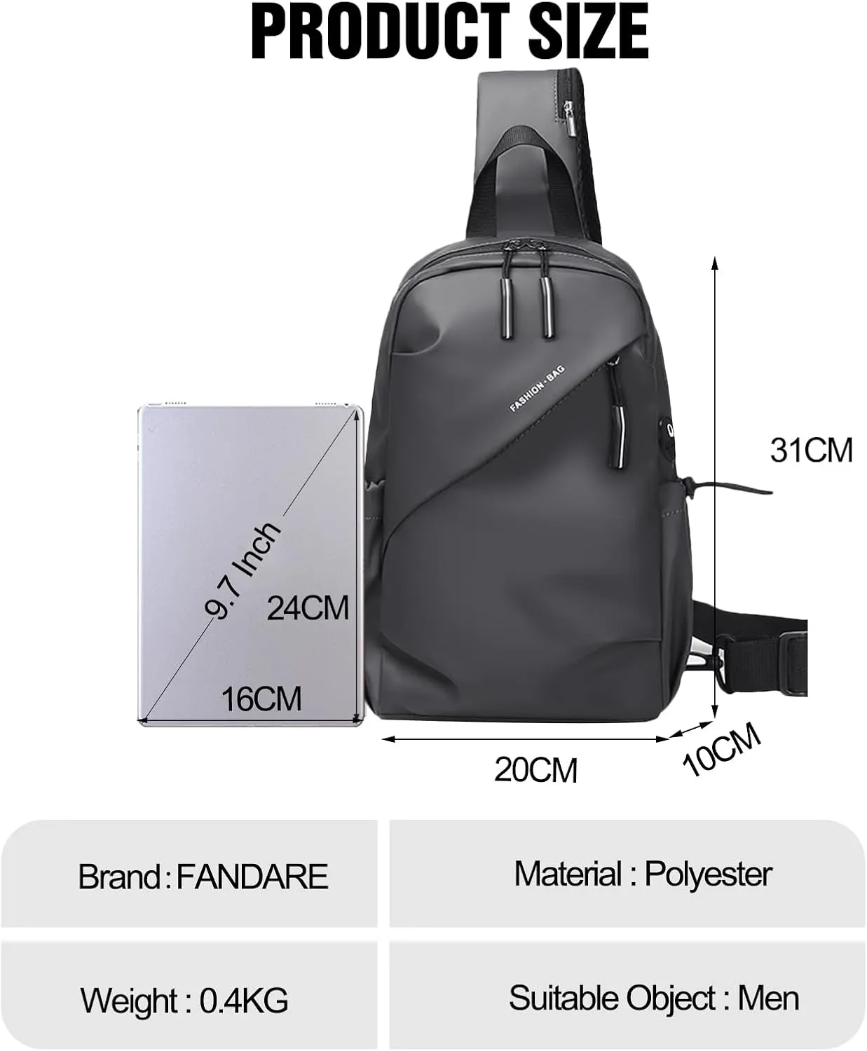 Men Crossbody Sling Bag Shoulder Chest Messenger Pack with Earphone Hole Carry Pouch Body Wallet for Hiking Running Cycling Outdoor Travel Daypacks Waterproof Polyester Grey