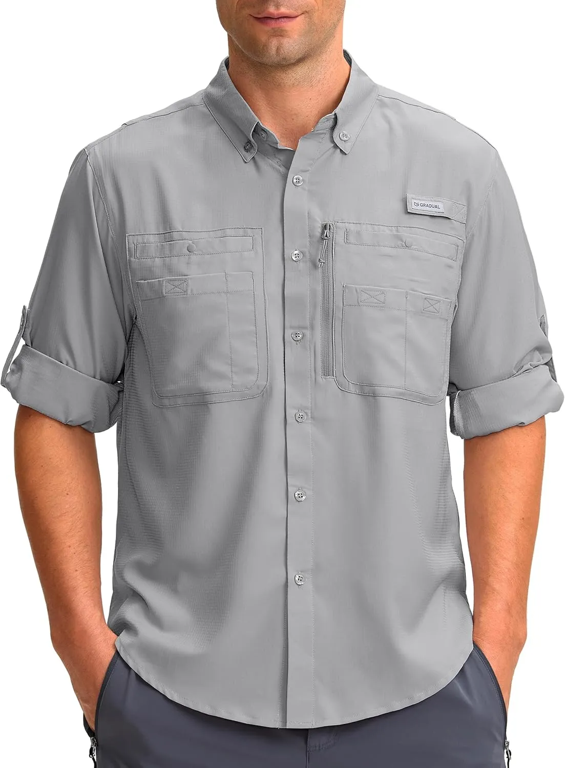 Men's Long Sleeve Sun Protection Fishing Shirt with Zipper Pockets UPF 50  Lightweight Cool Sun Shirts for Men Hiking Outdoor(Cool Grey-New,L)