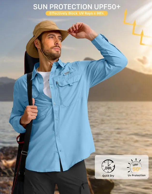 Men's Sun Protection Fishing Shirt with Zipper Pockets Long Sleeve UPF 50  UV Cooling Shirts for Men Hiking Travel
