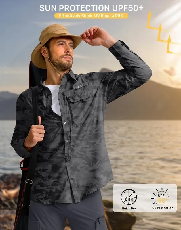 Men's Sun Protection Fishing Shirt with Zipper Pockets Long Sleeve UPF 50  UV Cooling Shirts for Men Hiking Travel