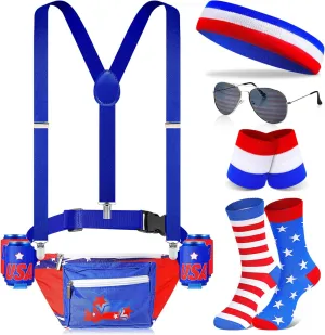 Mepase 9 Pcs 4th of July Fanny Pack Independence Day Patriotic Beer Belt Set with USA Flag Socks Sunglasses Sweatband(Vitality)