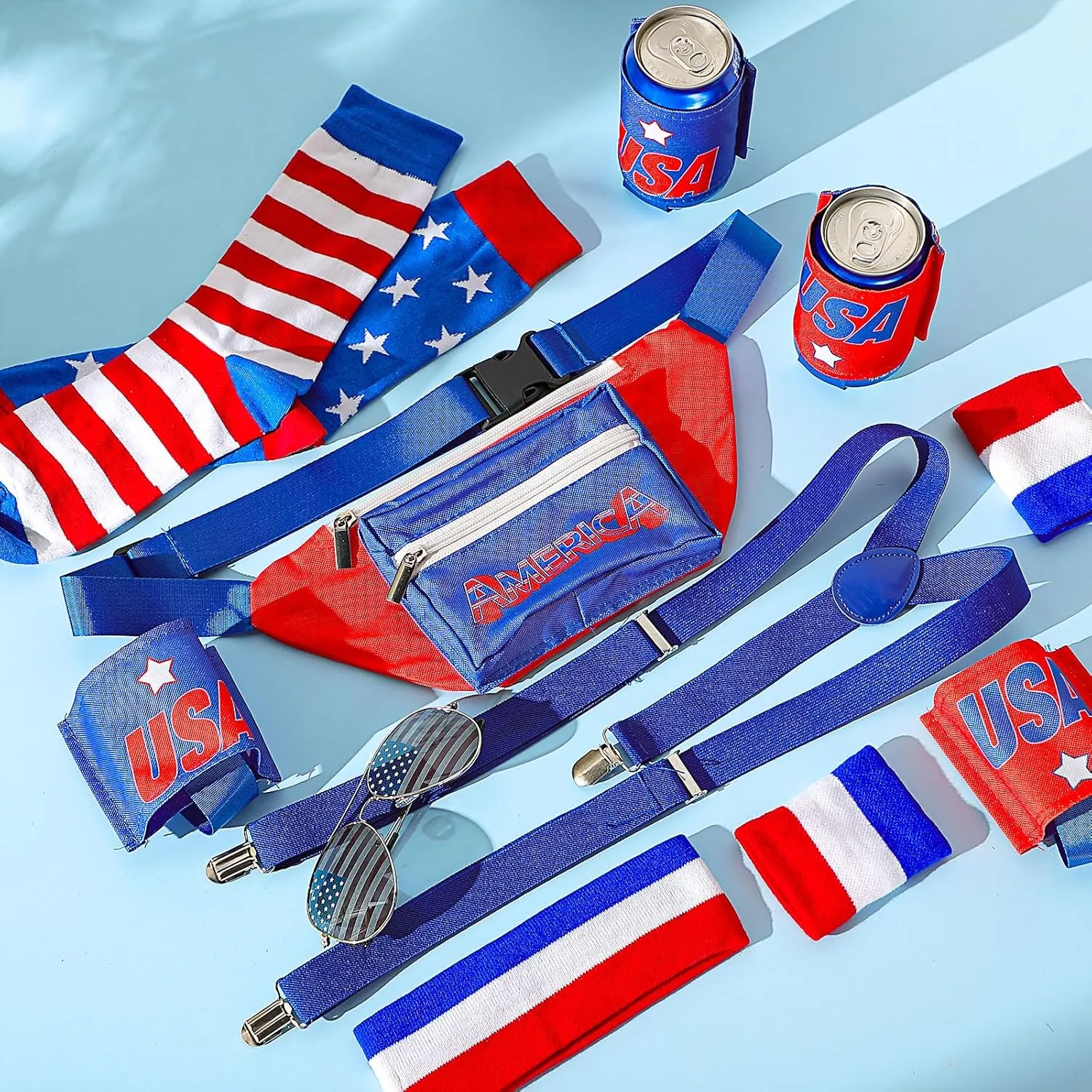 Mepase 9 Pcs 4th of July Fanny Pack Independence Day Patriotic Beer Belt Set with USA Flag Socks Sunglasses Sweatband(Vitality)