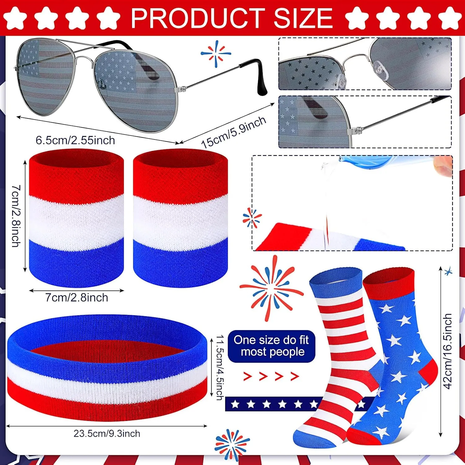 Mepase 9 Pcs 4th of July Fanny Pack Independence Day Patriotic Beer Belt Set with USA Flag Socks Sunglasses Sweatband(Vitality)