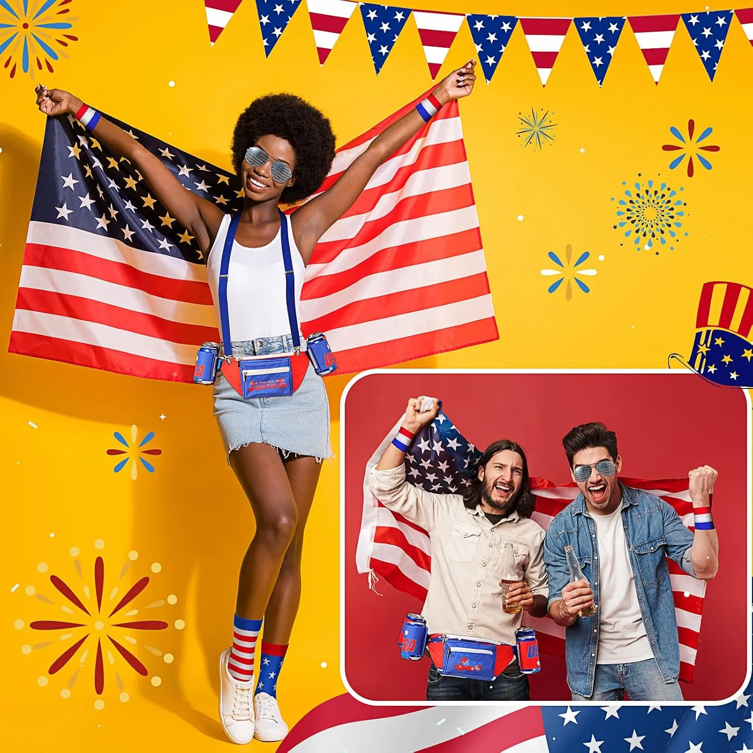 Mepase 9 Pcs 4th of July Fanny Pack Independence Day Patriotic Beer Belt Set with USA Flag Socks Sunglasses Sweatband(Vitality)