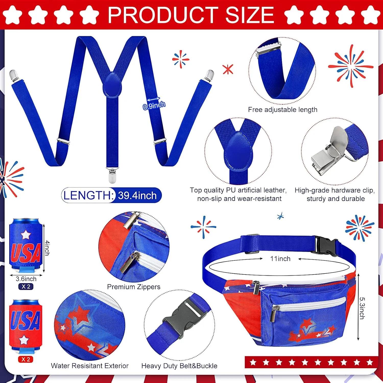 Mepase 9 Pcs 4th of July Fanny Pack Independence Day Patriotic Beer Belt Set with USA Flag Socks Sunglasses Sweatband(Vitality)