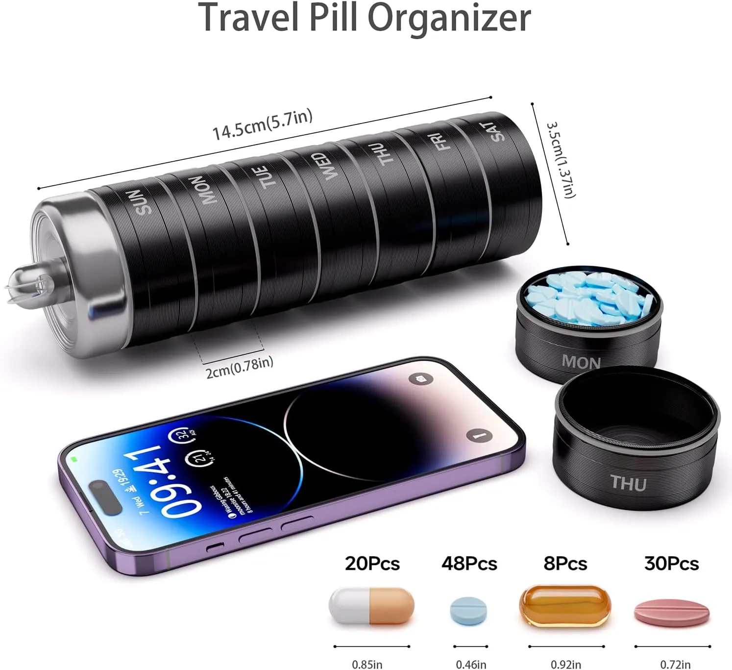 Metal Weekly Pill Organizer 1 Time a Day- 7 Day Detachable Waterproof Travel Pill Box，Aluminum Alloy BPA Free Medicine Pill Container for Vitamin Medicine Supplement Fish Oil （Black）
