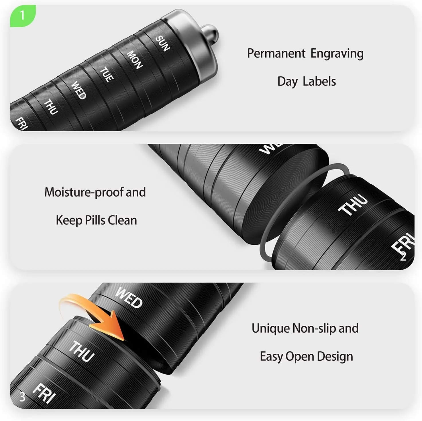 Metal Weekly Pill Organizer 1 Time a Day- 7 Day Detachable Waterproof Travel Pill Box，Aluminum Alloy BPA Free Medicine Pill Container for Vitamin Medicine Supplement Fish Oil （Black）