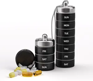 Metal Weekly Pill Organizer 1 Time a Day- 7 Day Detachable Waterproof Travel Pill Box，Aluminum Alloy BPA Free Medicine Pill Container for Vitamin Medicine Supplement Fish Oil （Black）