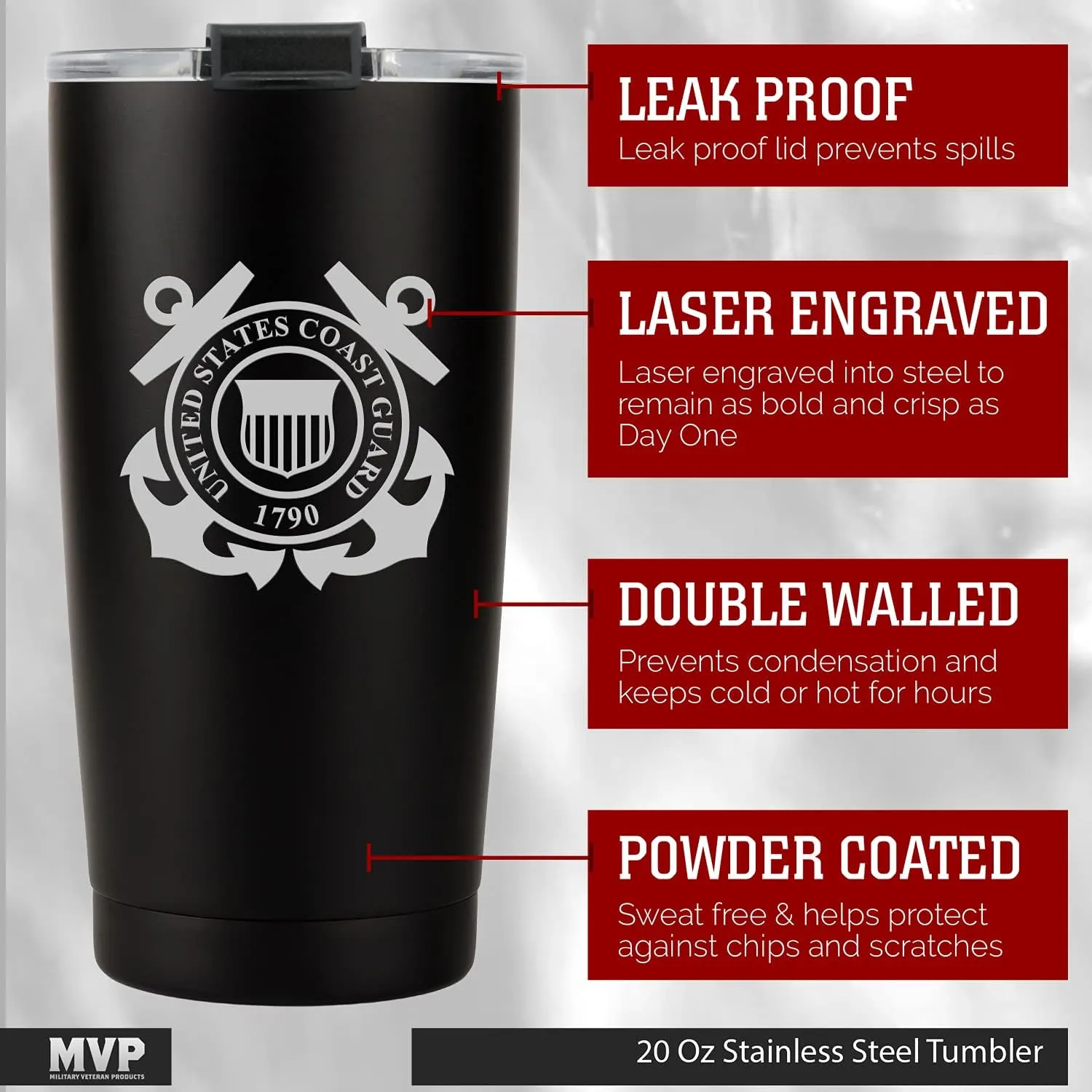 Military Gift Shop 20oz Coast Guard Tumbler, Double-Walled Insulated Steel USCG Coffee Mug with Lid | Coast Guard Gifts | Disabled USMC Veteran Owned SMALL Business