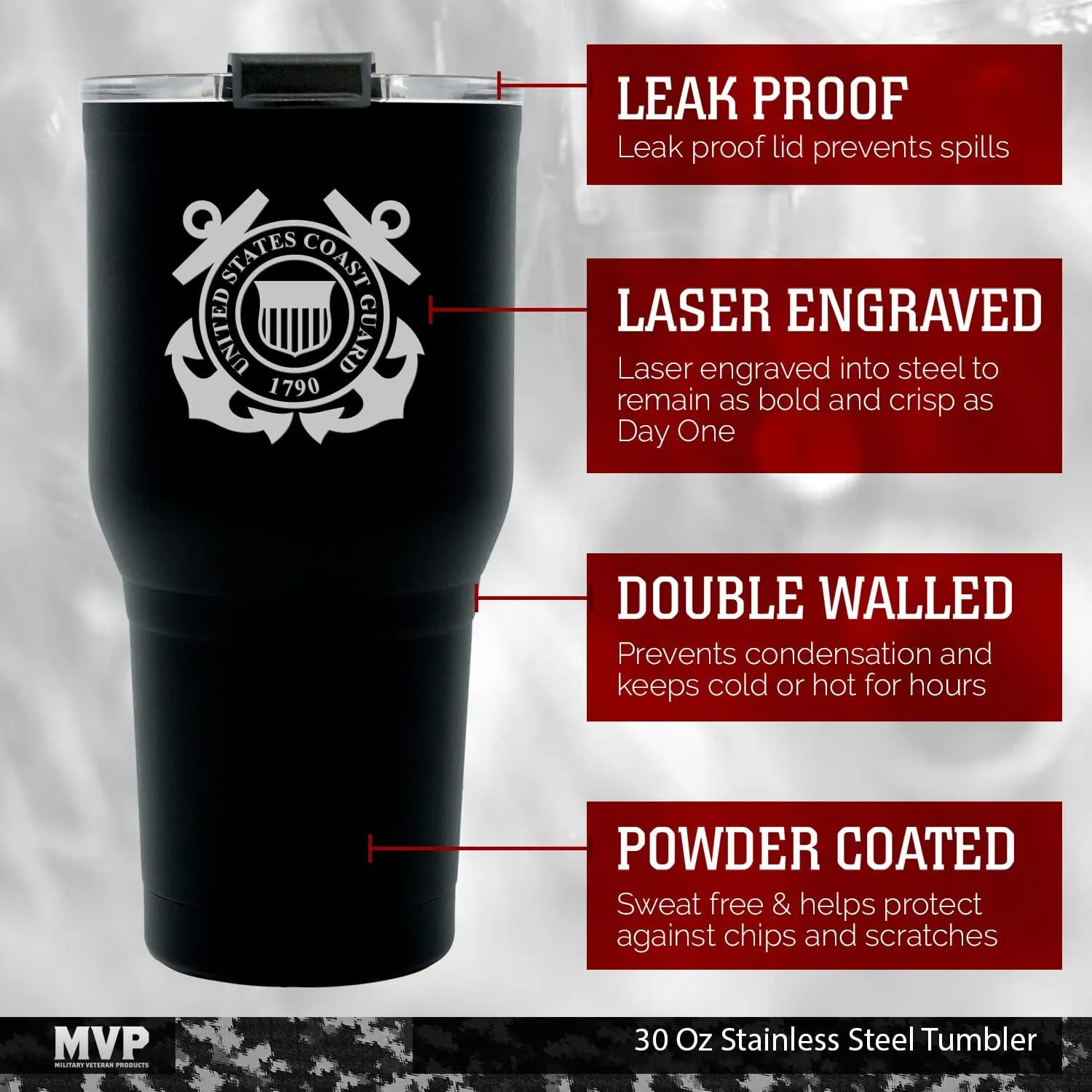 Military Gift Shop 30 oz Black Double Wall Vacuum Insulated Stainless Steel US Coast Guard Tumbler Travel Mug