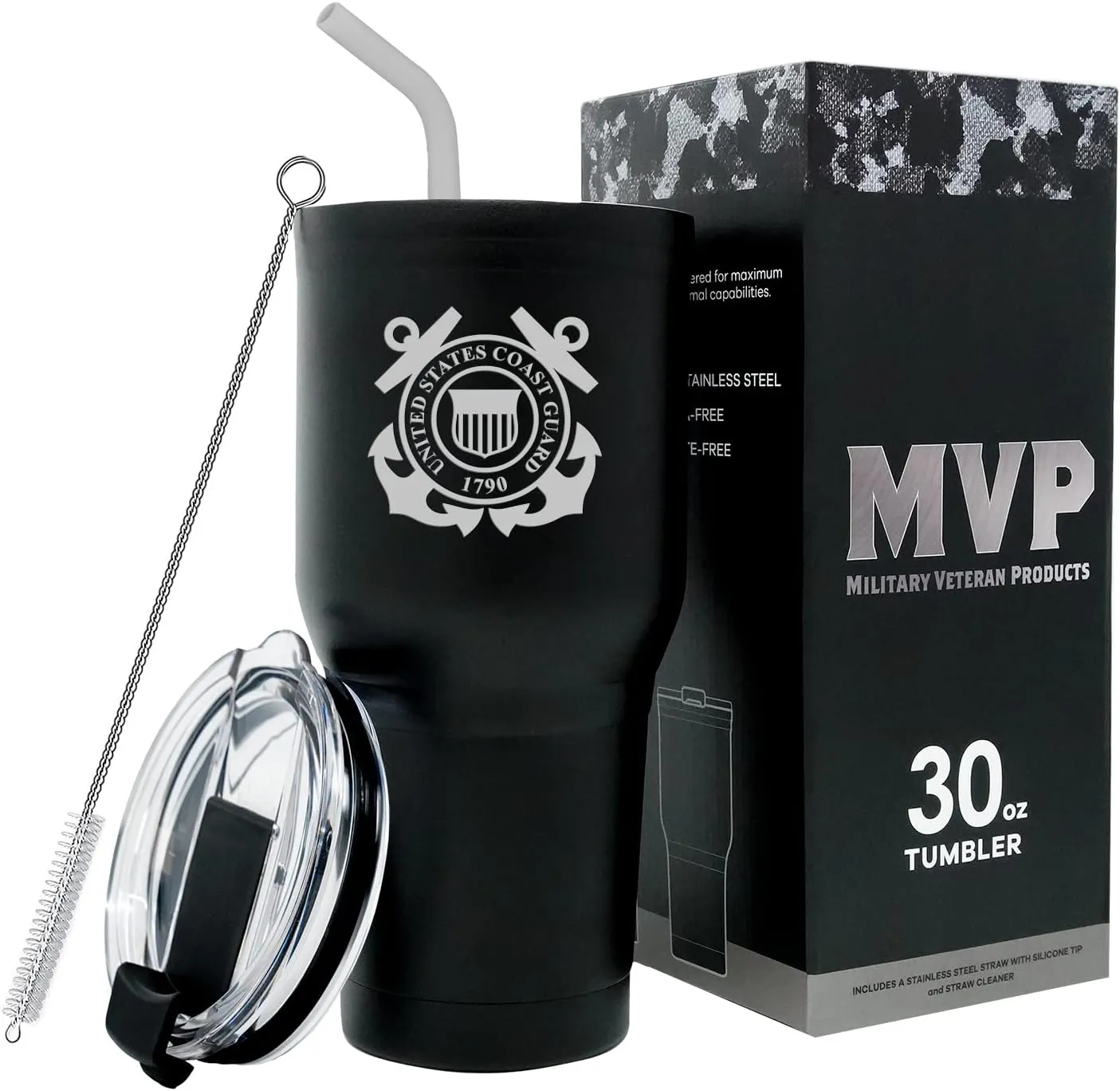 Military Gift Shop 30 oz Black Double Wall Vacuum Insulated Stainless Steel US Coast Guard Tumbler Travel Mug