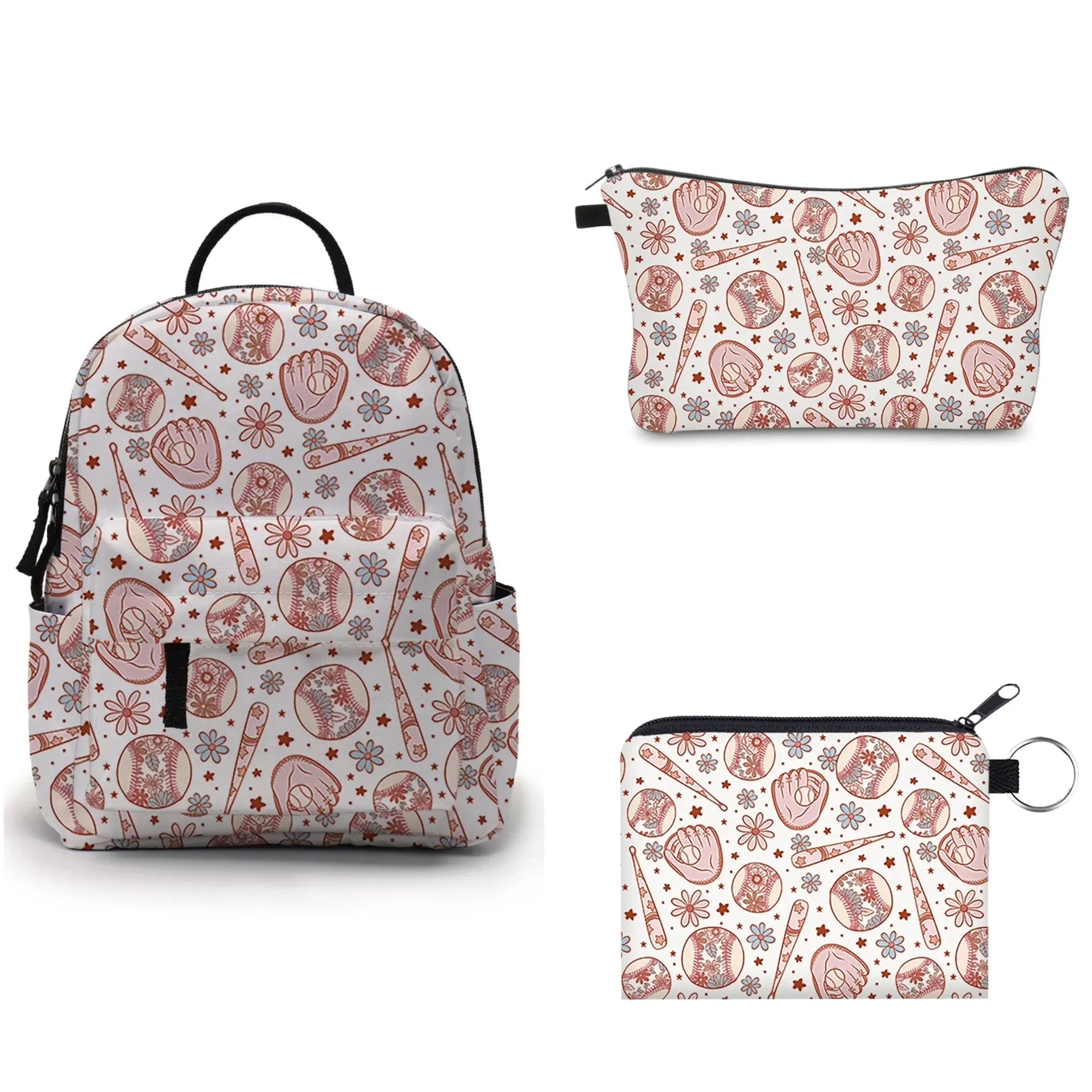 Mini Backpack, Pouch, & Mini Pouch Bundled Set - Baseball Floral