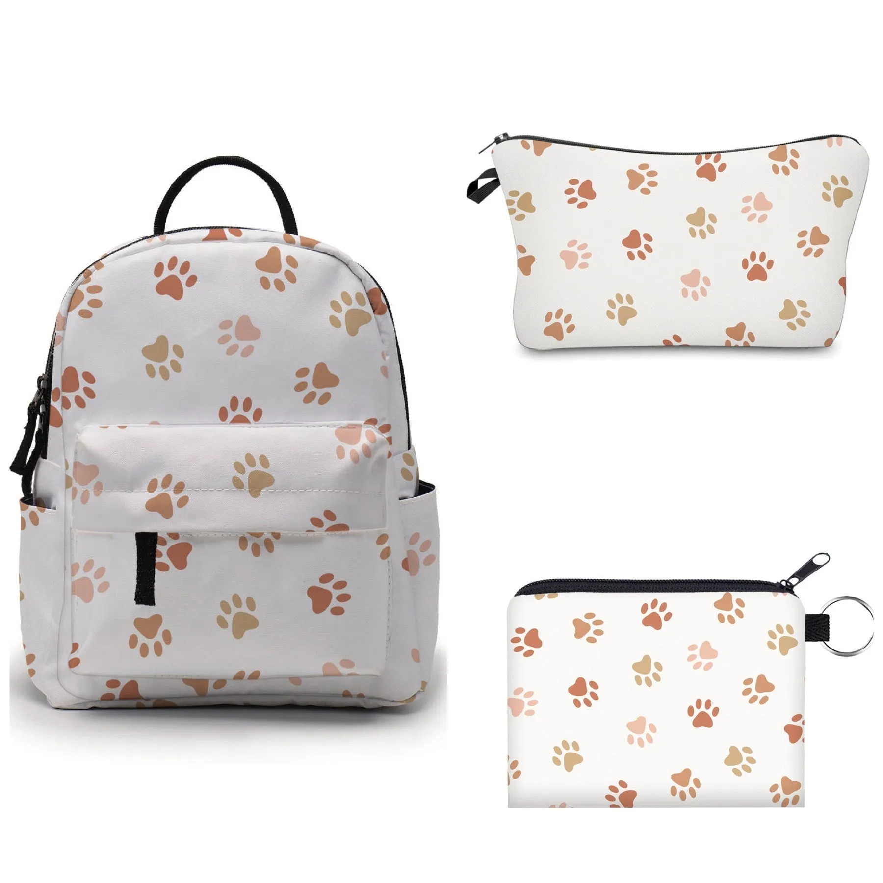 Mini Backpack, Pouch, & Mini Pouch Bundled Set - Dog Paw Tan