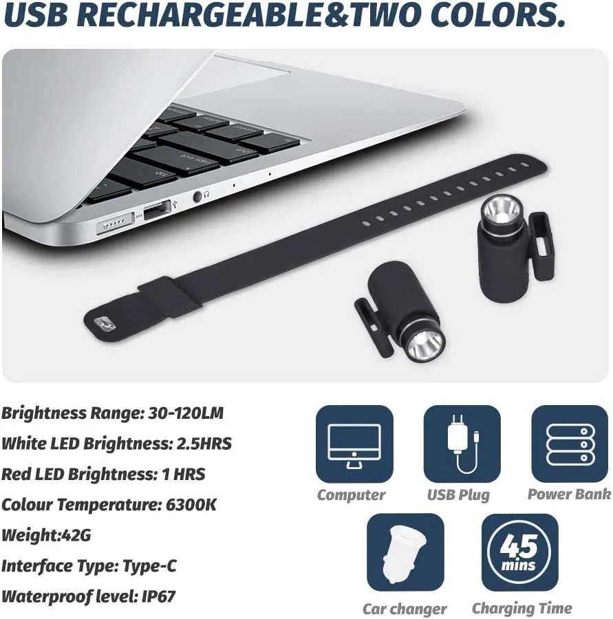 Mini Flashlight, Pocket Handheld Wrist Watch Flash Light, 200 Lumens Adjustable Brightness LED Torch, Powered Rechargeable Battery USB C Cable for Dog Walking Camping