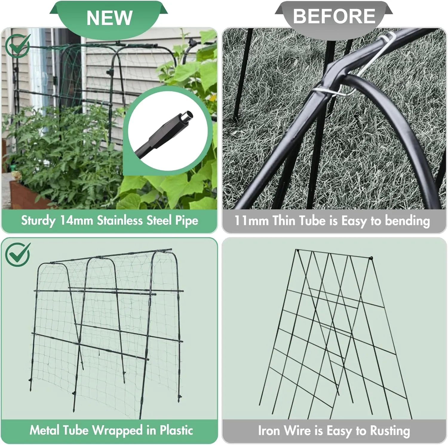 Montresor Cucumber Trellis 5.3FT Black PE Coated Stainless Steel Garden Trellis for Climbing Plants Outdoor, Garden Trellis Arch for Vegetables, Gardening Pea Trellis with Trellis Netting