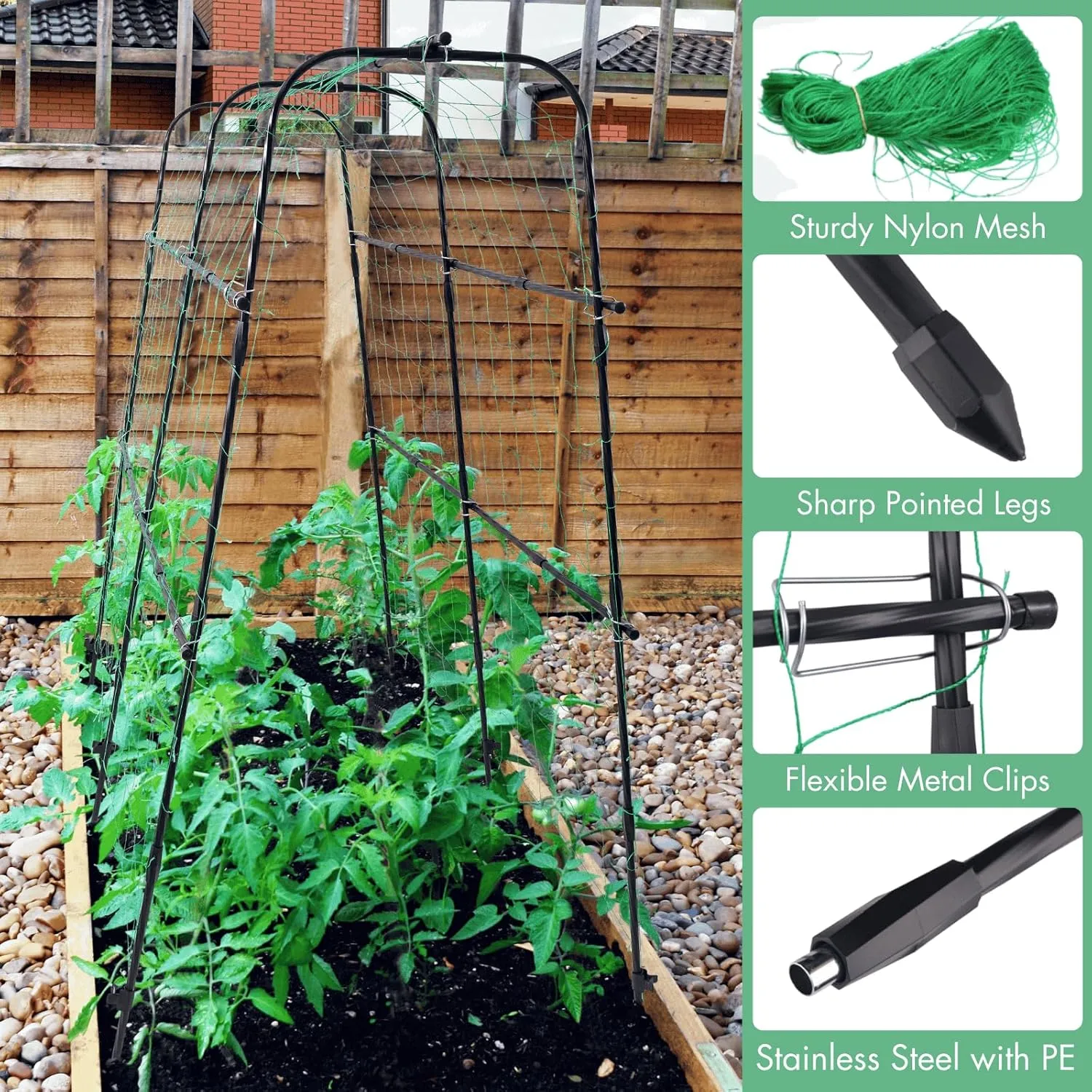 Montresor Cucumber Trellis 5.3FT Black PE Coated Stainless Steel Garden Trellis for Climbing Plants Outdoor, Garden Trellis Arch for Vegetables, Gardening Pea Trellis with Trellis Netting