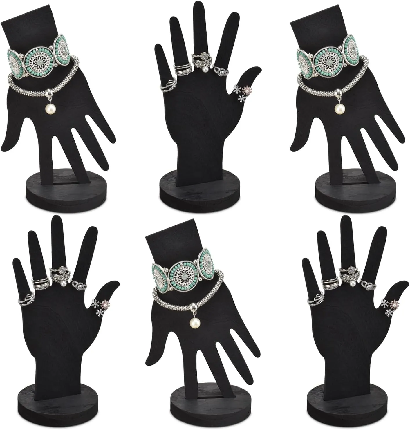MOOCA 6-Piece Real Wooden Hand Form Jewelry Display Set, 2 Way Design for Wall Hanging or Standalone Mannequin Finger Hand Display, Premium Real Wood Sturdy Base, Black Color