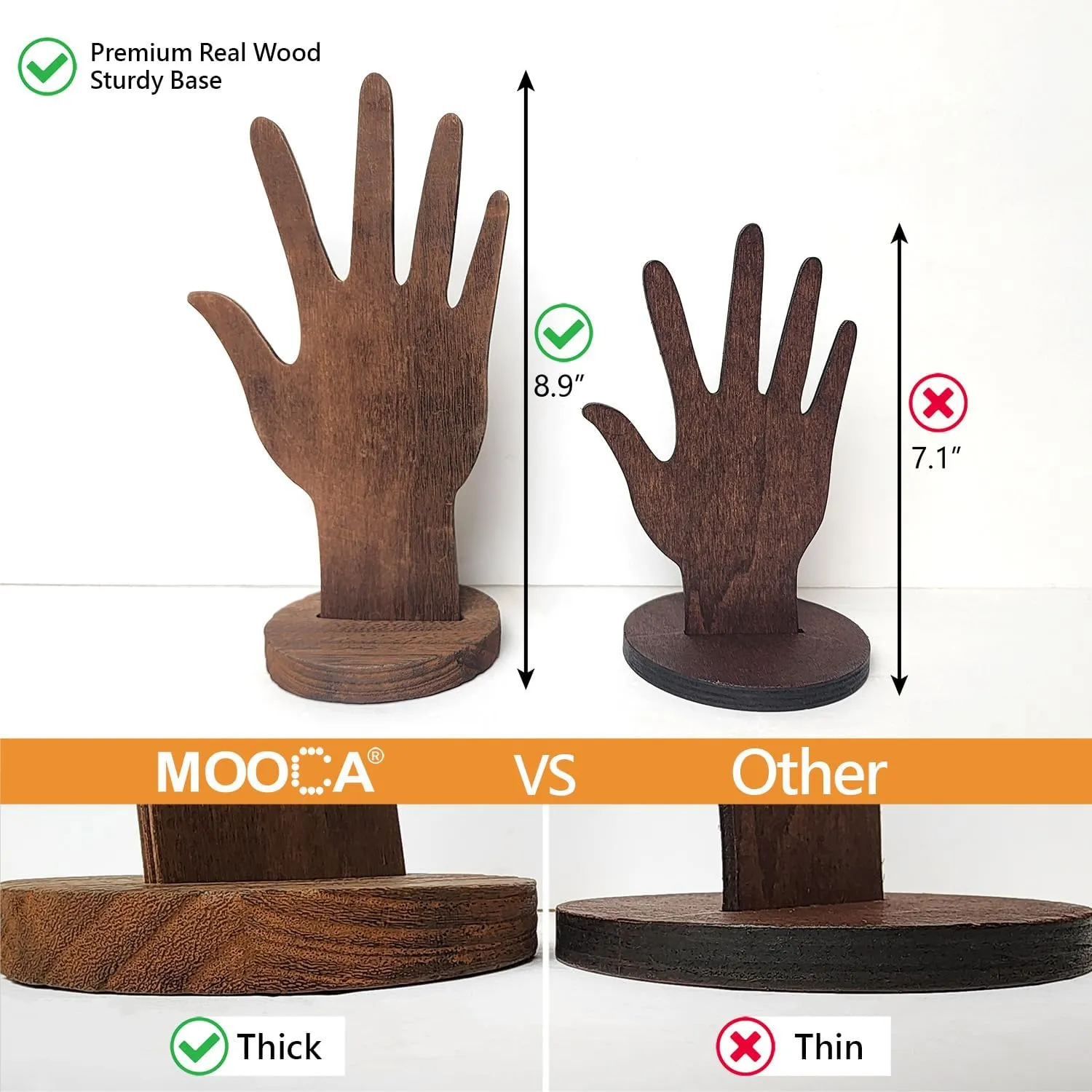 MOOCA 6-Piece Real Wooden Hand Form Jewelry Display Set, 2 Way Design for Wall Hanging or Standalone Mannequin Finger Hand Display, Premium Real Wood Sturdy Base, Black Color
