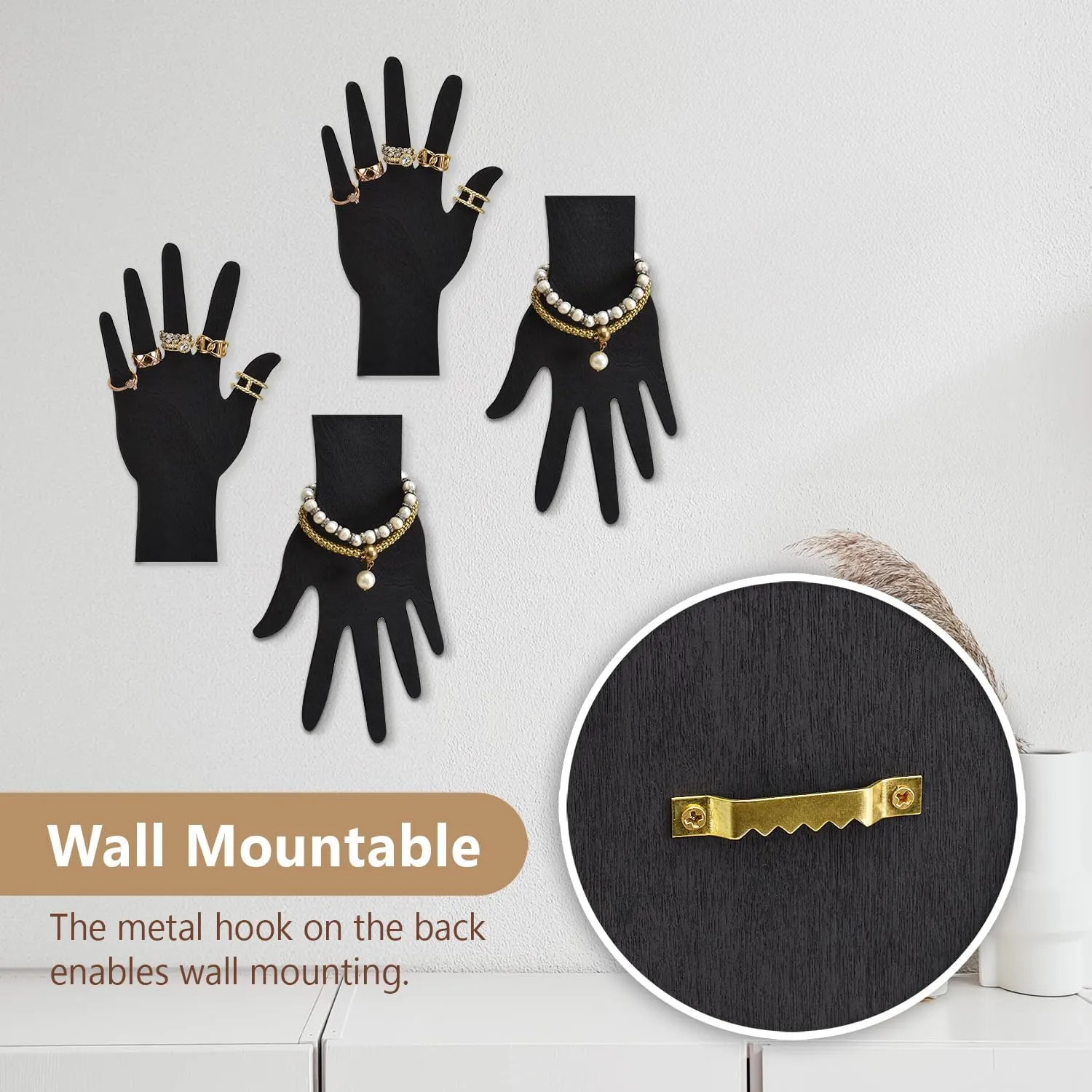 MOOCA 6-Piece Real Wooden Hand Form Jewelry Display Set, 2 Way Design for Wall Hanging or Standalone Mannequin Finger Hand Display, Premium Real Wood Sturdy Base, Black Color
