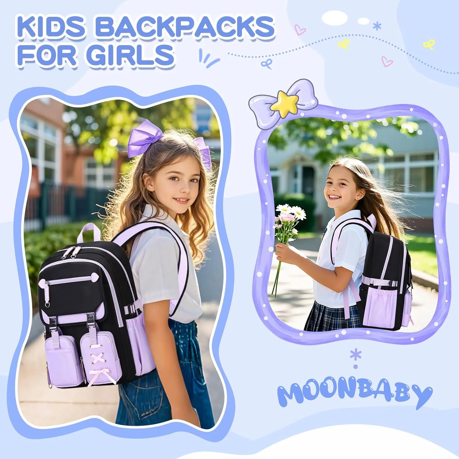 MOONBABY Girls Backpack with Lunch Box & Pencil Case for Kids Teens Bookbag for Elementary Primary Middle High School Daypack（Purple-3pcs