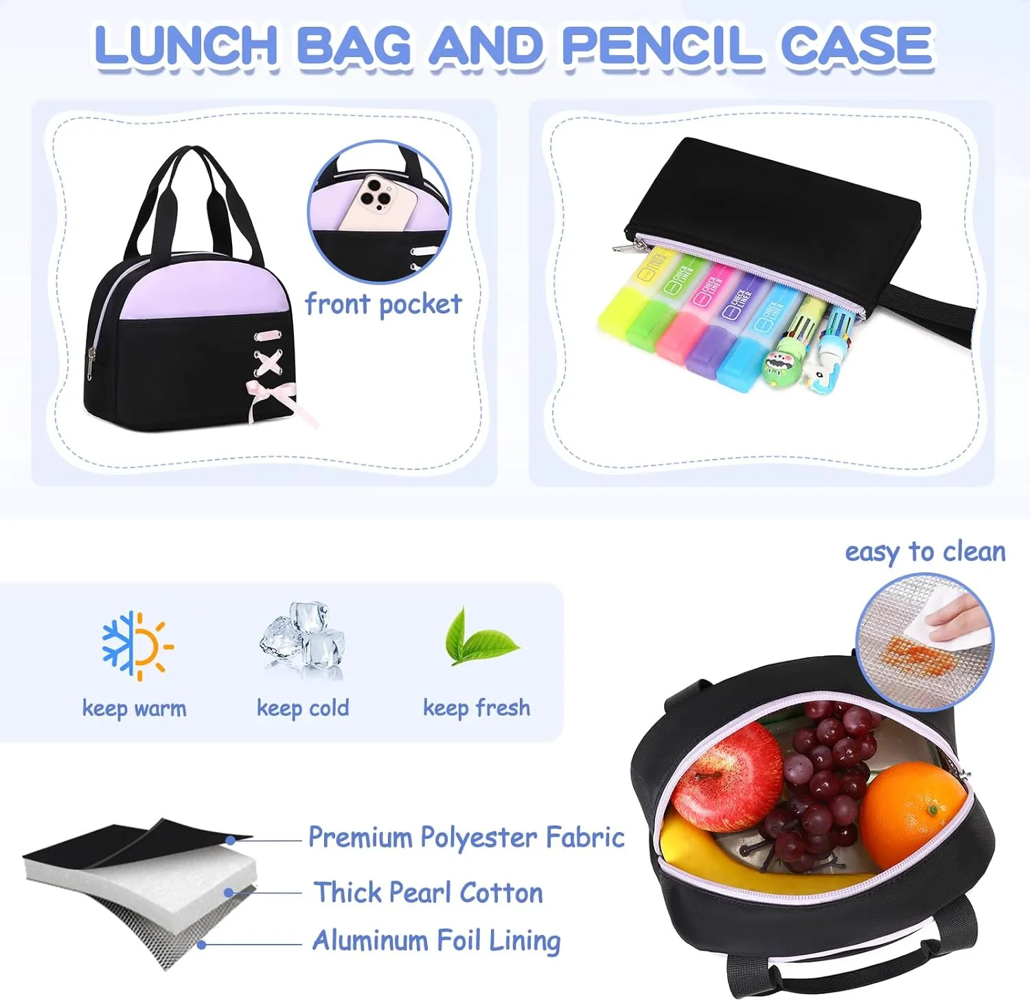 MOONBABY Girls Backpack with Lunch Box & Pencil Case for Kids Teens Bookbag for Elementary Primary Middle High School Daypack（Purple-3pcs