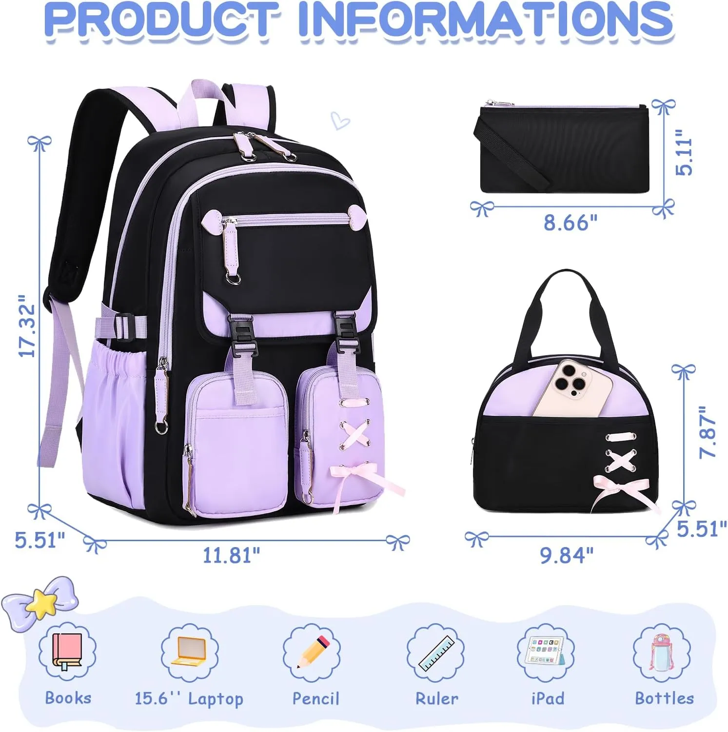 MOONBABY Girls Backpack with Lunch Box & Pencil Case for Kids Teens Bookbag for Elementary Primary Middle High School Daypack（Purple-3pcs