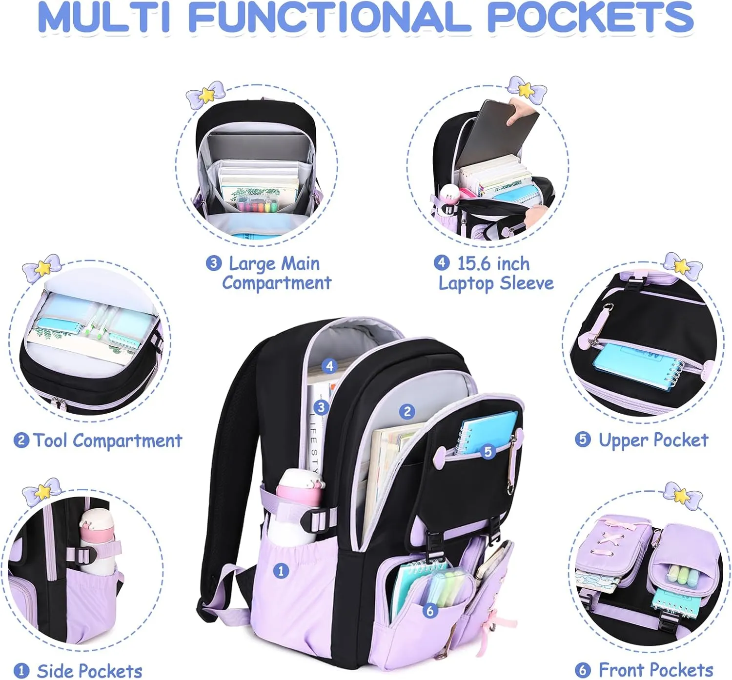 MOONBABY Girls Backpack with Lunch Box & Pencil Case for Kids Teens Bookbag for Elementary Primary Middle High School Daypack（Purple-3pcs