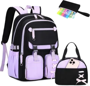 MOONBABY Girls Backpack with Lunch Box & Pencil Case for Kids Teens Bookbag for Elementary Primary Middle High School Daypack（Purple-3pcs