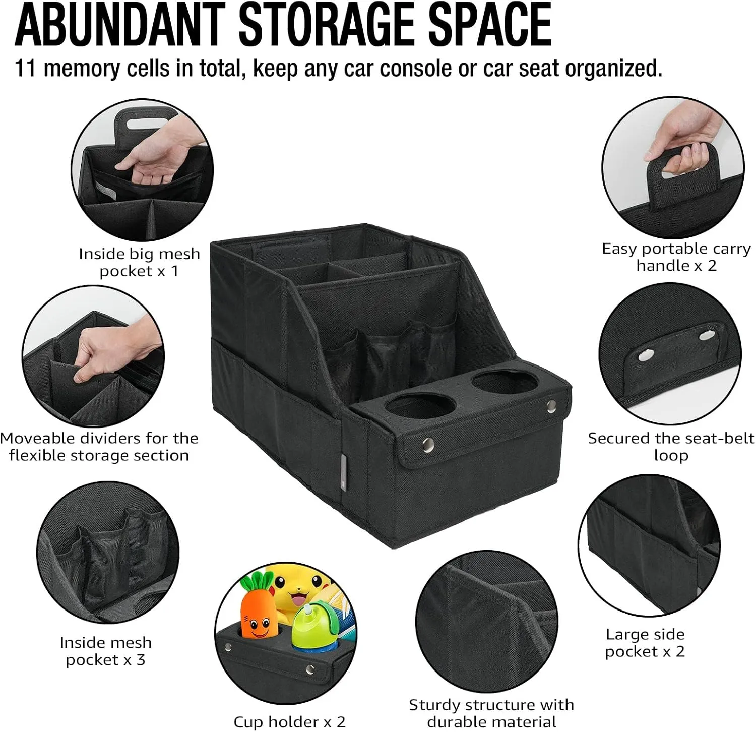 MULISOFT Car Seat Organizer- Backseat Car Organizer with 11 Storages Compartments and 2 Cup Holders, Organizers and Storage, Front Seat for Travel Kids,Black