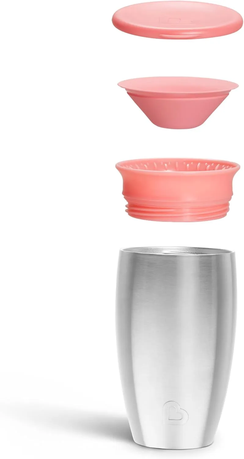 Munchkin Stainless Steel Sippy Cups for Toddlers 1-3, Spill Proof Miracle 360 Cup, Insulated, 10 Ounce, Pink