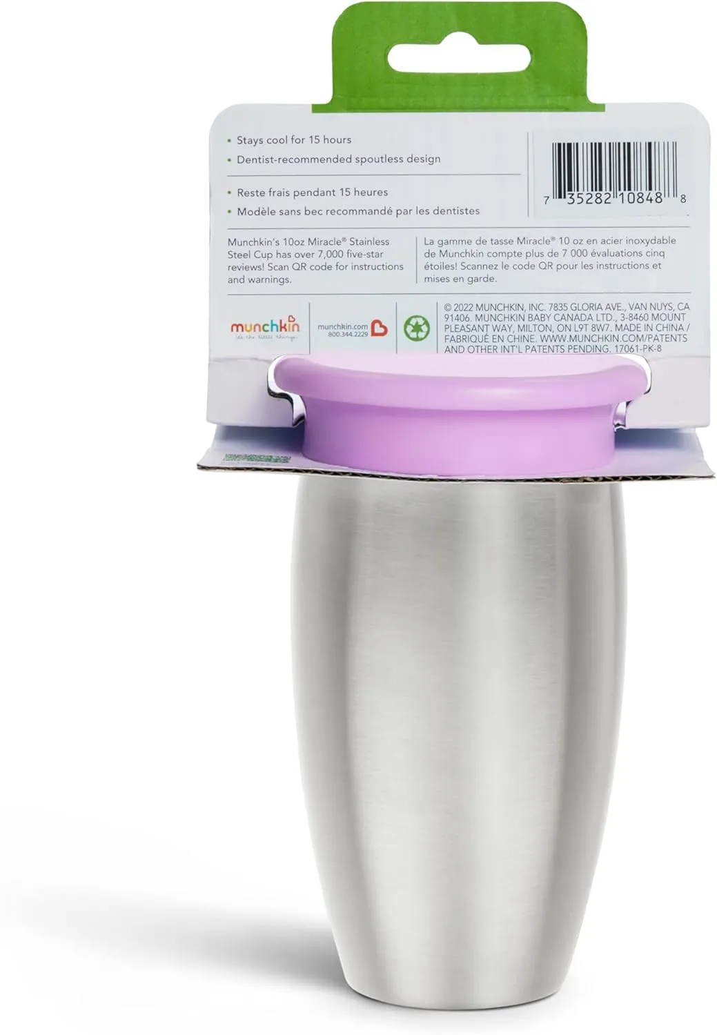 Munchkin Stainless Steel Sippy Cups for Toddlers 1-3, Spill Proof Miracle 360 Cup, Insulated, 10 Ounce, Purple