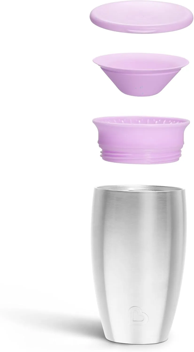Munchkin Stainless Steel Sippy Cups for Toddlers 1-3, Spill Proof Miracle 360 Cup, Insulated, 10 Ounce, Purple