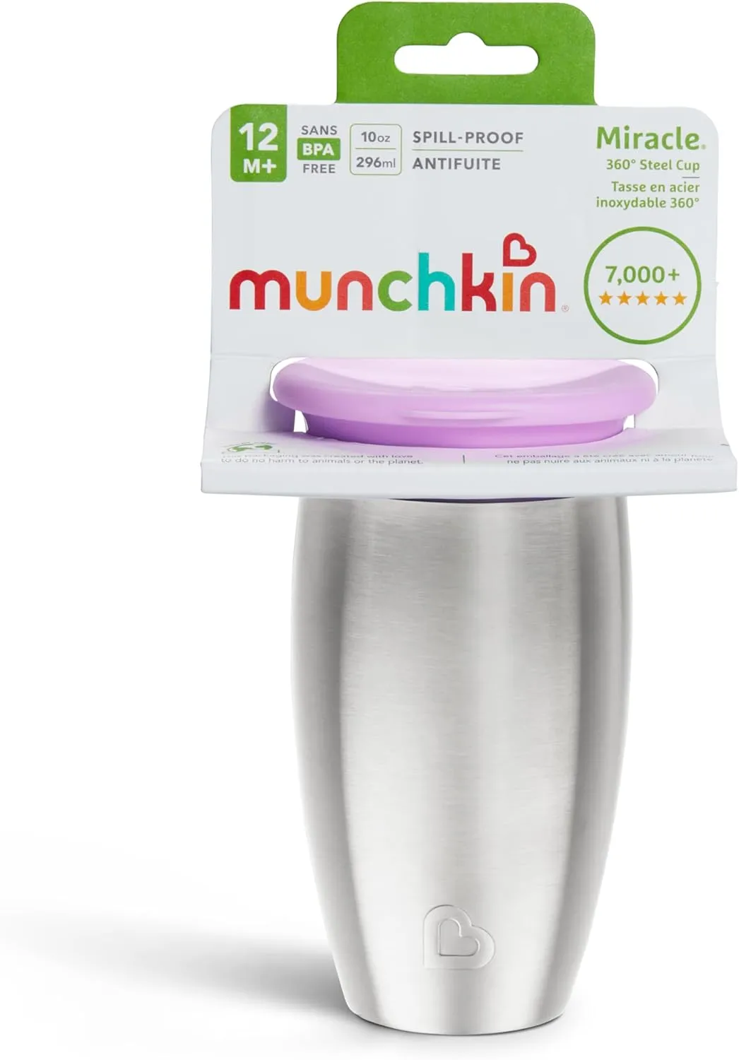 Munchkin Stainless Steel Sippy Cups for Toddlers 1-3, Spill Proof Miracle 360 Cup, Insulated, 10 Ounce, Purple