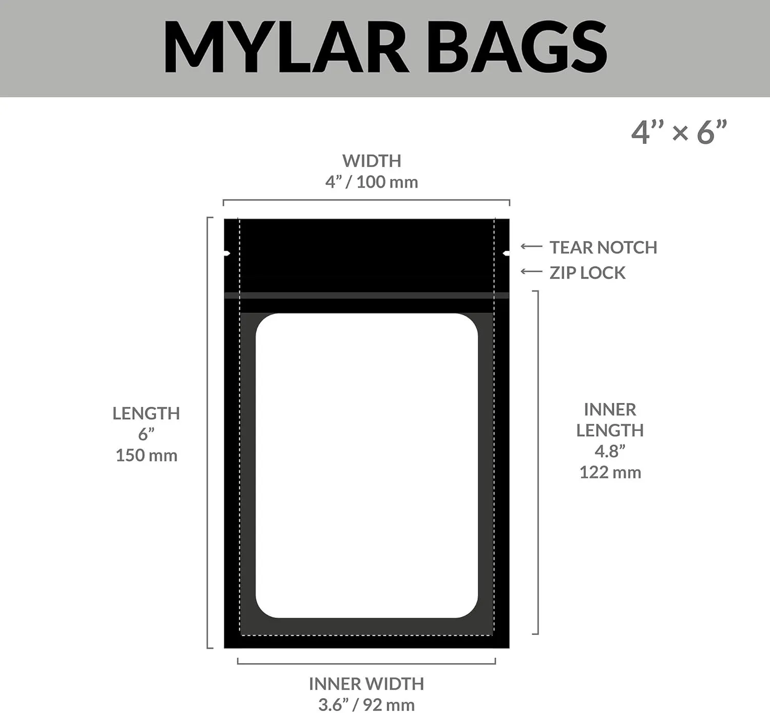 Mylar Bags with Ziplock 4 x 6" | 100 Bags | Black | Sealable Heat Seal Bags for Candy and Food Packaging, Medications and Vitamins | For Liquid and Solids (Black, 4" x 6")